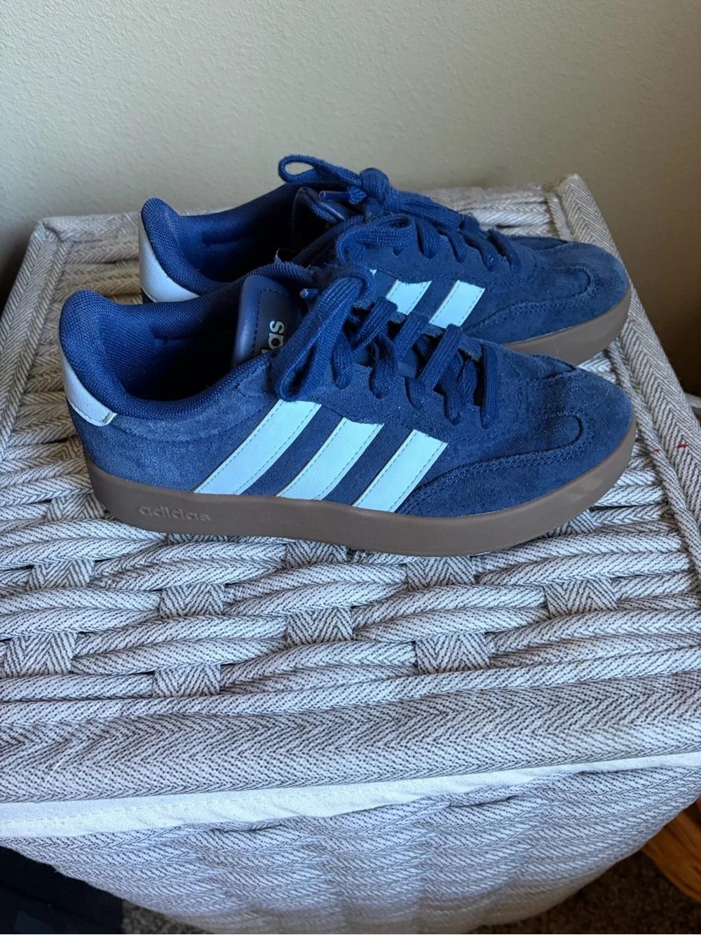 adidas Men’s Navy Suede Sneakers with Light Blue Stripes and Gum Sole